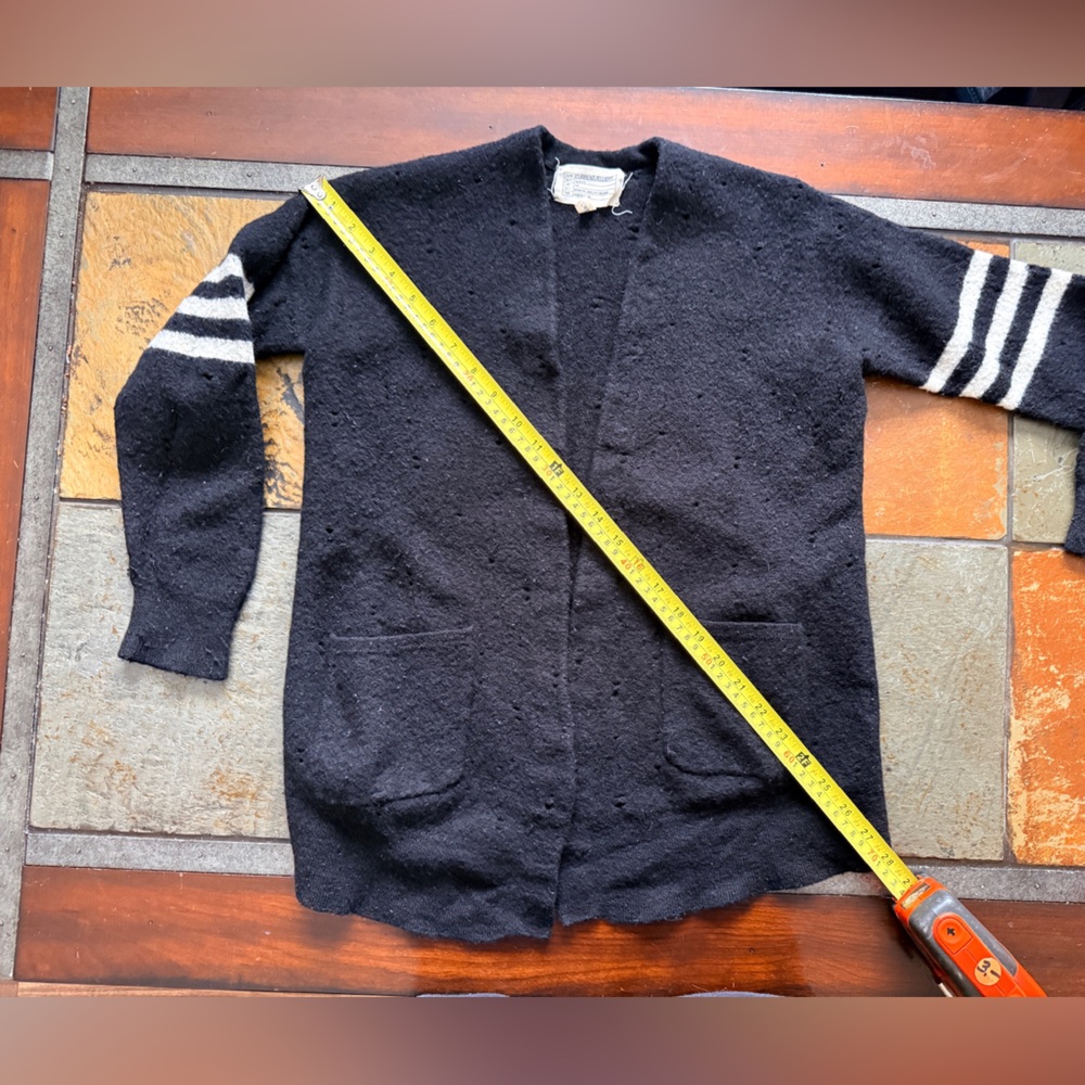 Current Elliot navy wool like open cardigan varsity sleeve pockets M/L cozy